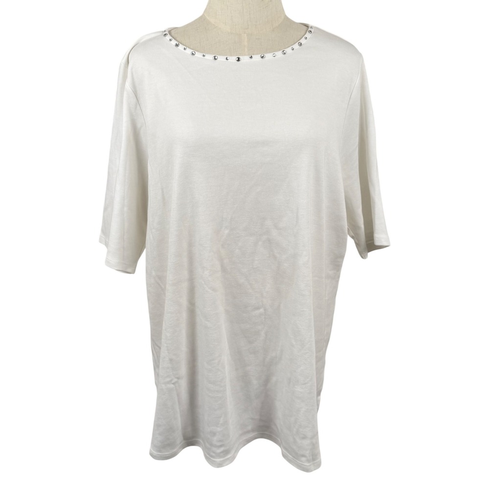 Quacker Factory 1X White Knit Tunic Top Rhinestone Scoop Neck Glam Extra Stones